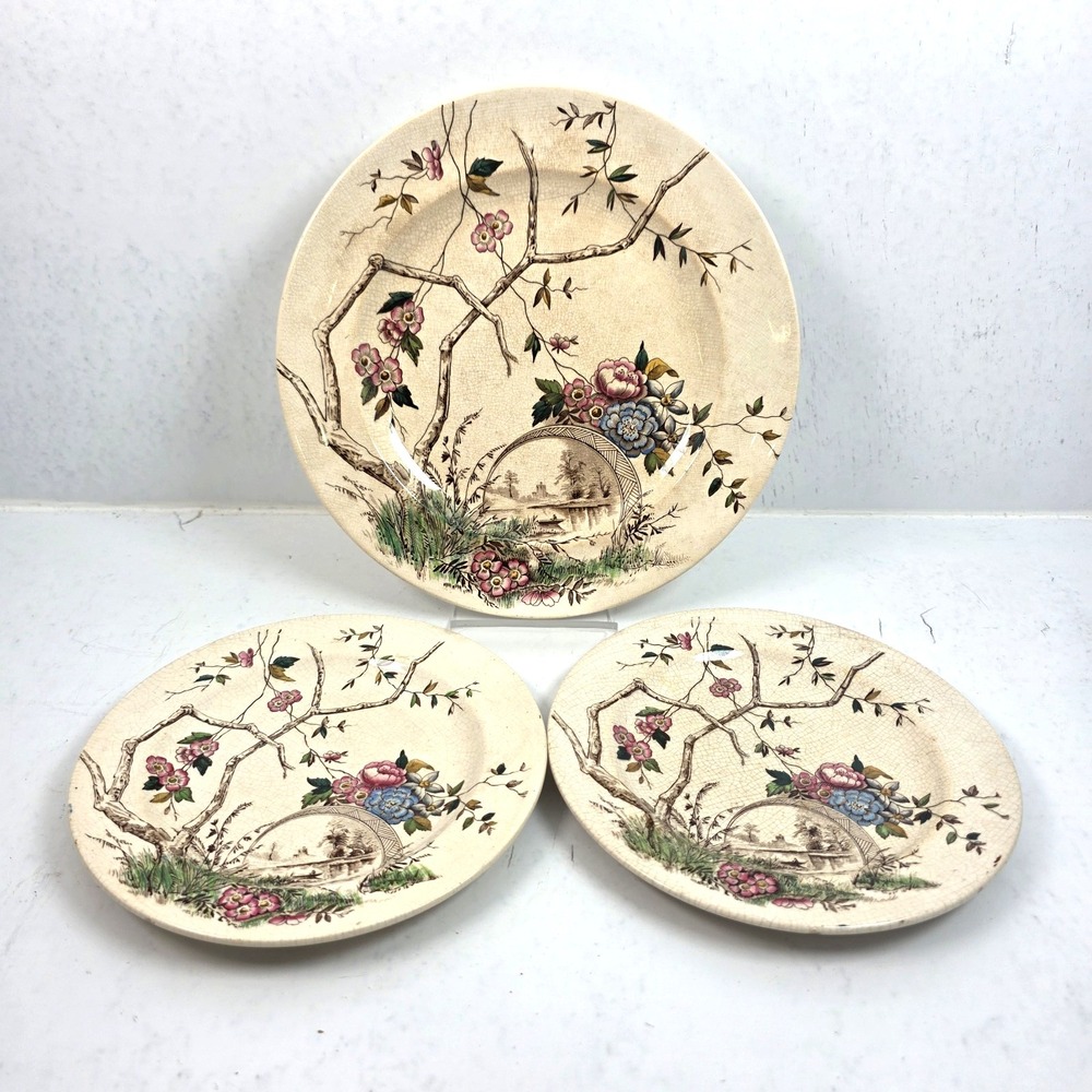 Antique JT Hudden Staffordshire Aesthetic Movement Transferware Plates Set of 3
